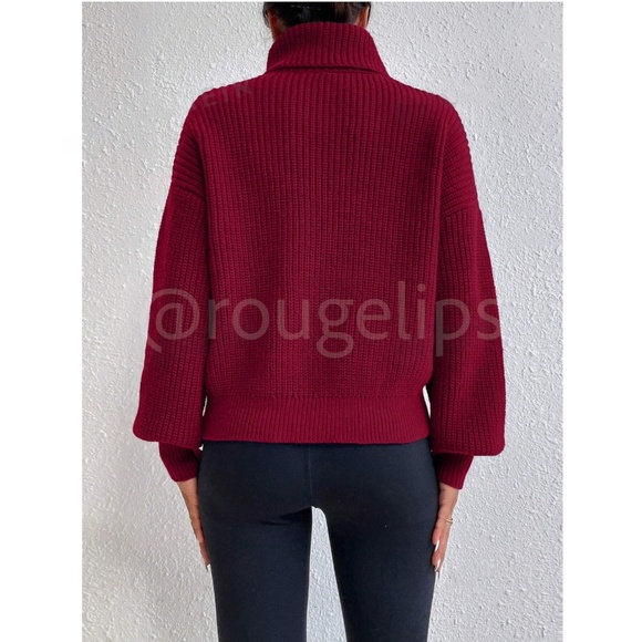 Burgundy Turtleneck Knit Pullover Sweater Long Sleeve - Picture 6 of 8